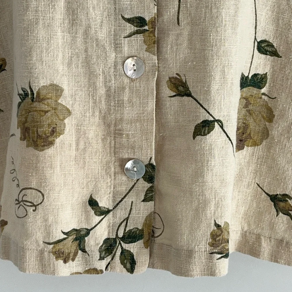 Sweet Jessie 100% Linen Neutral Floral Short Sleeve Button Up Shirt Top Size L